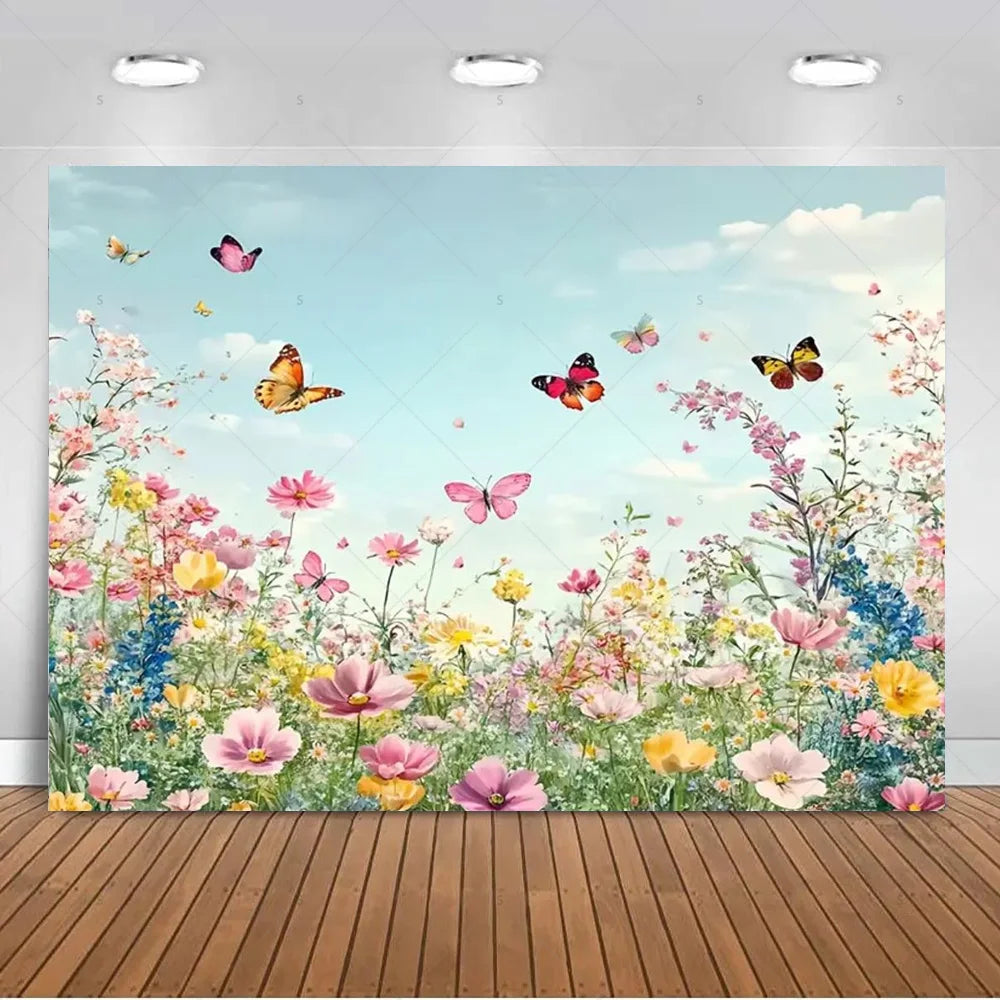 A vibrant photo backdrop featuring a field of colorful flowers and butterflies against a light blue sky.