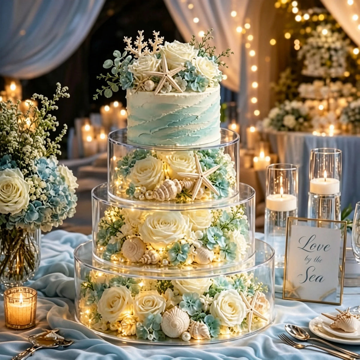 A tiered acrylic cake stand display featuring white and blue floral decorations and gold accents.