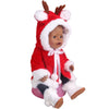 A Christmas doll outfit set featuring a red and white furry costume with deer antlers.