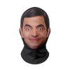 A realistic mask of a male celebrity face, printed in black fabric.