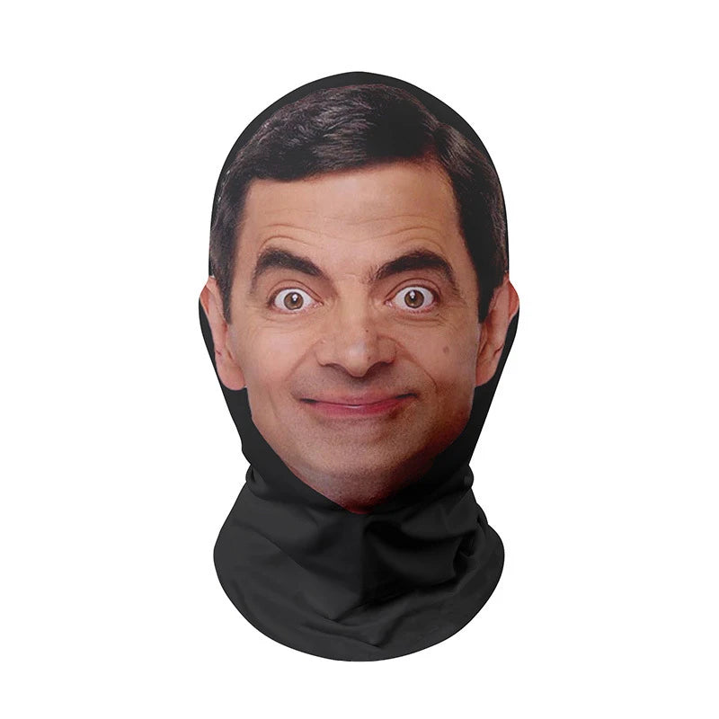 A realistic mask of a male celebrity face, printed in black fabric.