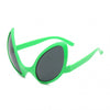 A pair of bright green sunglasses with dark lenses and flexible arms.