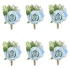 A set of six dusty blue silk roses in various shades and greenery arranged as boutonnieres on wooden sticks.