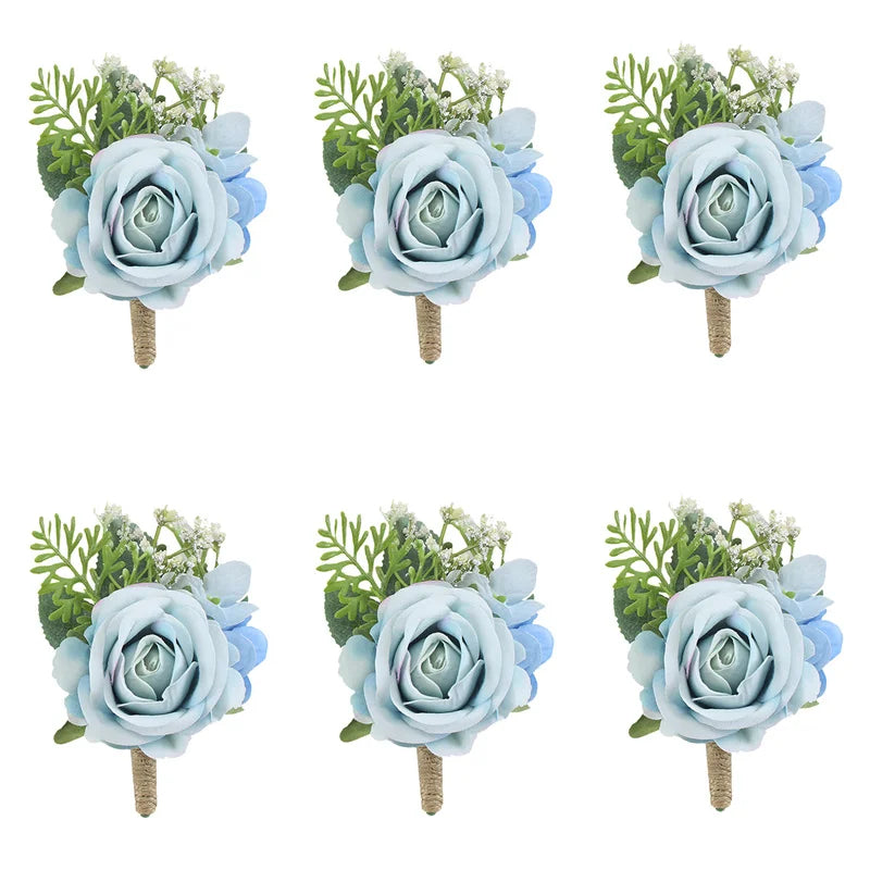 A set of six dusty blue silk roses in various shades and greenery arranged as boutonnieres on wooden sticks.