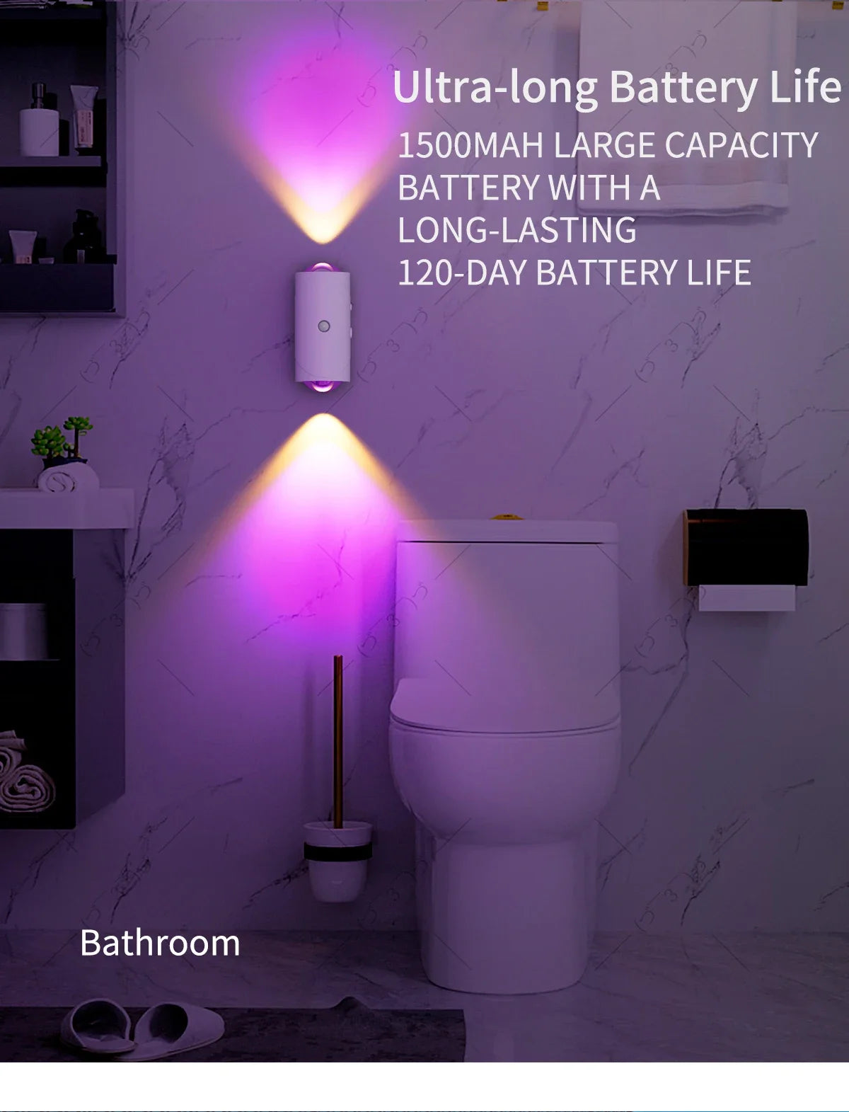 مرحاض أبيض عصري مضاء بإضاءة LED أرجوانية في حمام.