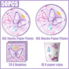 A butterfly theme disposable party set including 50 pieces of paper plates, napkins, and paper cups.