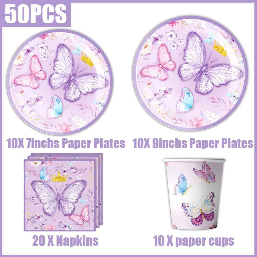 A butterfly theme disposable party set including 50 pieces of paper plates, napkins, and paper cups.