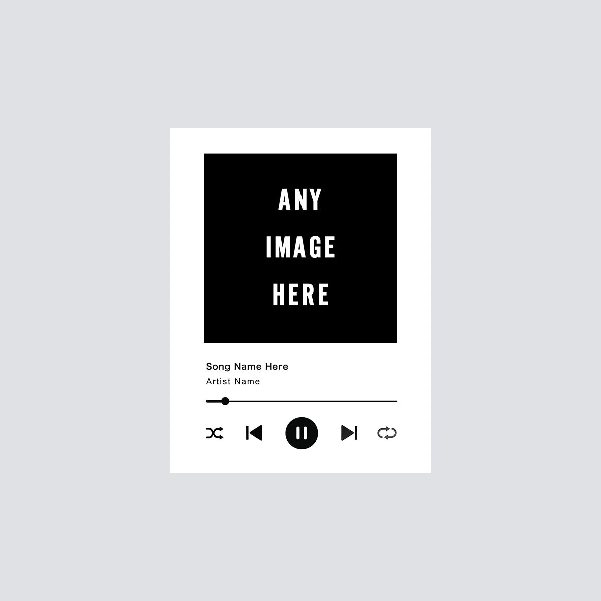 A minimalist black and white poster design featuring text and a music player interface.