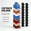 A vertical wall-mounted cap rack holder displaying various baseball caps in different colors and styles.
