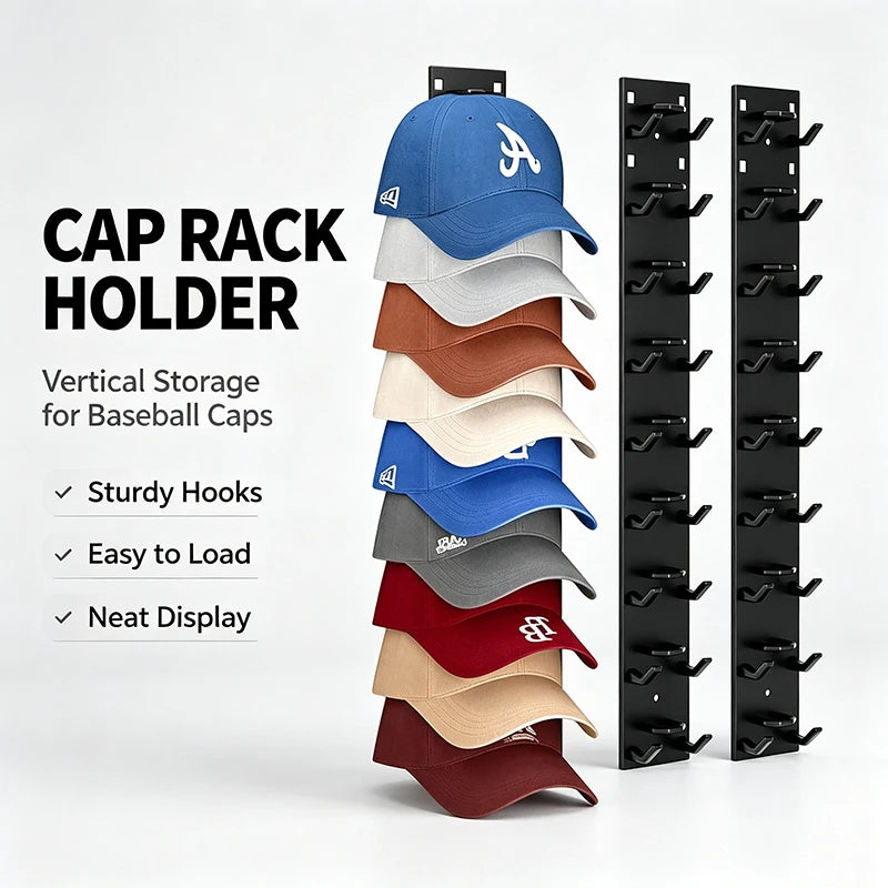A vertical wall-mounted cap rack holder displaying various baseball caps in different colors and styles.