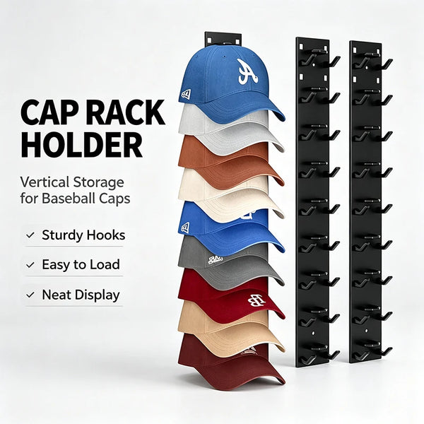 A vertical wall-mounted cap rack holder displaying various baseball caps in different colors and styles.