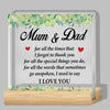 A clear acrylic thank you plaque with a green leafy border and the message Mum & Dad for all the times that I forgot to thank