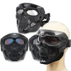 Black skull full face motorcycle and bicycle mask with windproof lens displayed on a mannequin head
