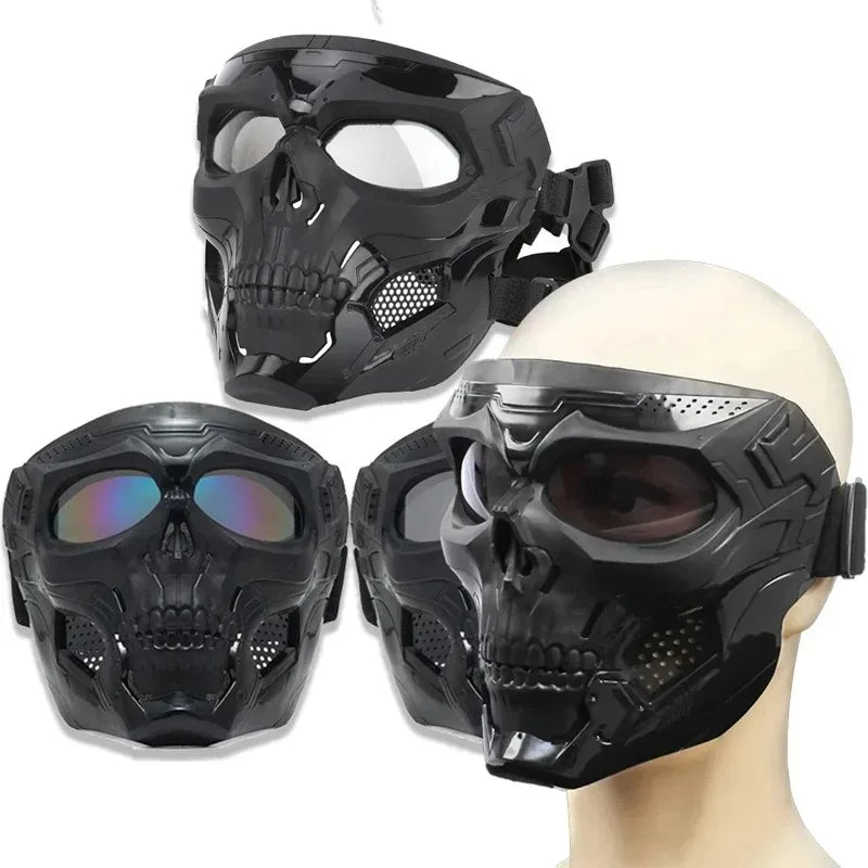 Black skull full face motorcycle and bicycle mask with windproof lens displayed on a mannequin head