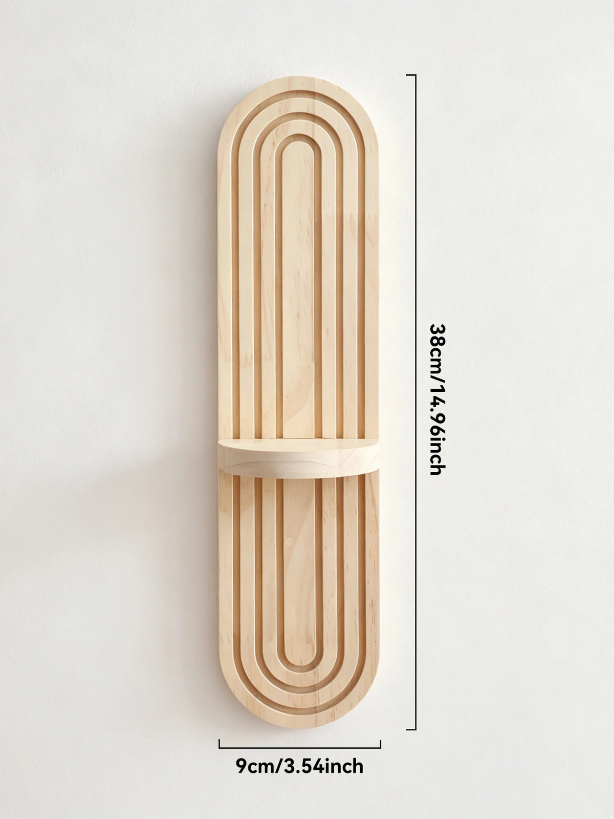 A vertical wooden wall shelf with an arched design featuring parallel grooves and a circular cutout.