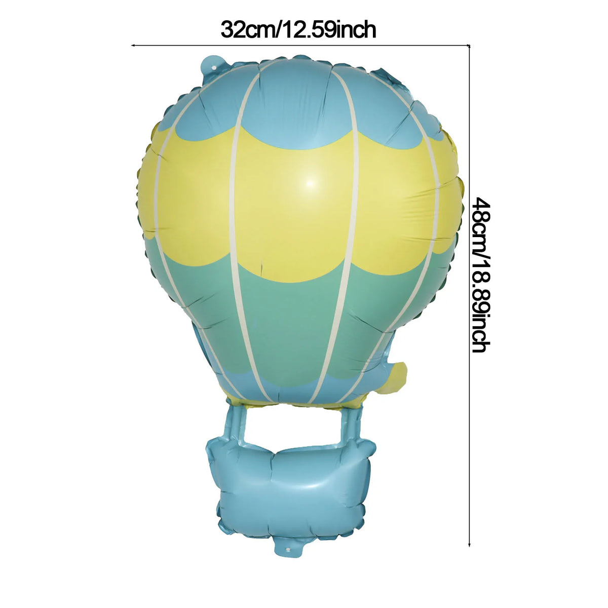 A light blue foil balloon shaped like a bear with a heart design, featuring yellow and teal stripes.