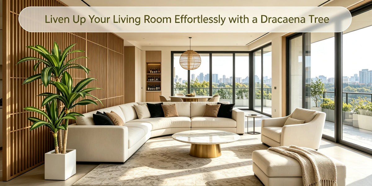 A living room decorated with a large potted Dracaena tree and modern furniture overlooking a city view.