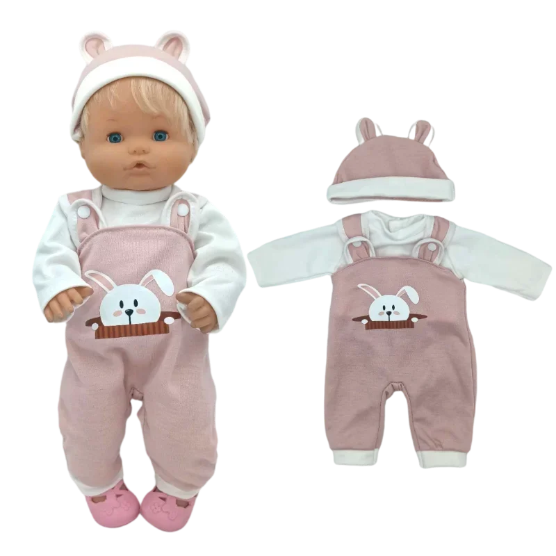A pink doll outfit set including a hat and overalls for a baby doll.