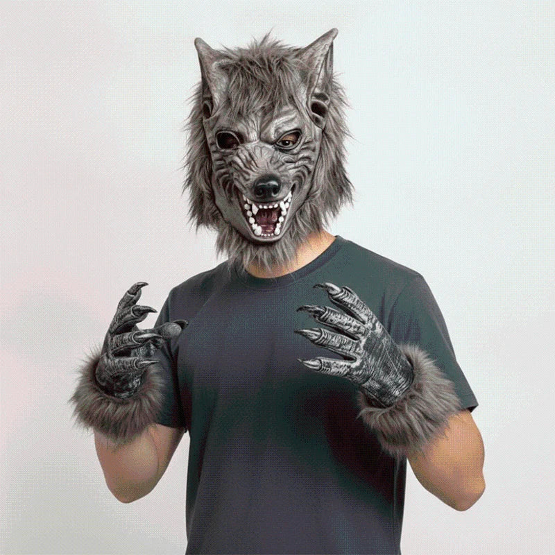 A person wearing a realistic werewolf full head mask with gray fur and teeth, posing against a light background.