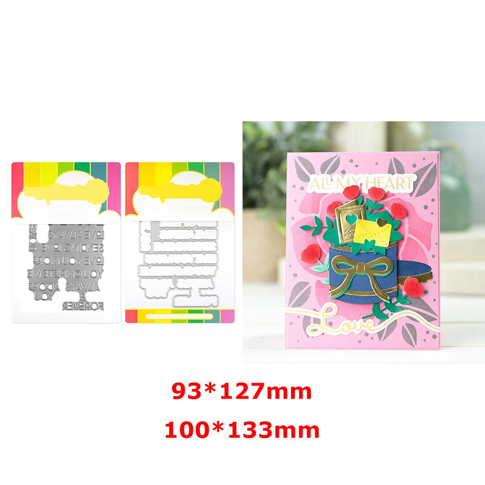 A set of floral love words stencils and stamps for DIY scrapbooking featuring pink and green colors.