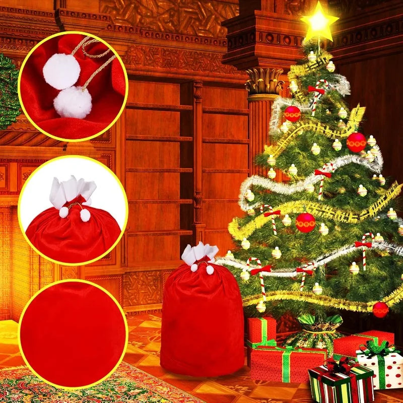 Festive red velvet Santa Claus gift bags displayed next to a decorated Christmas tree.