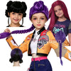 A doll wearing a purple long braid wig with a side ponytail, displayed next to a child with pink hair.