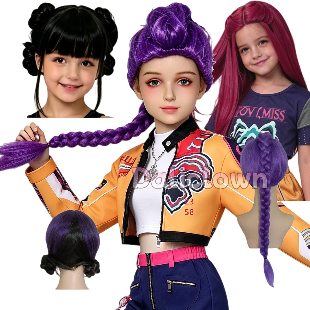 A doll wearing a purple long braid wig with a side ponytail, displayed next to a child with pink hair.