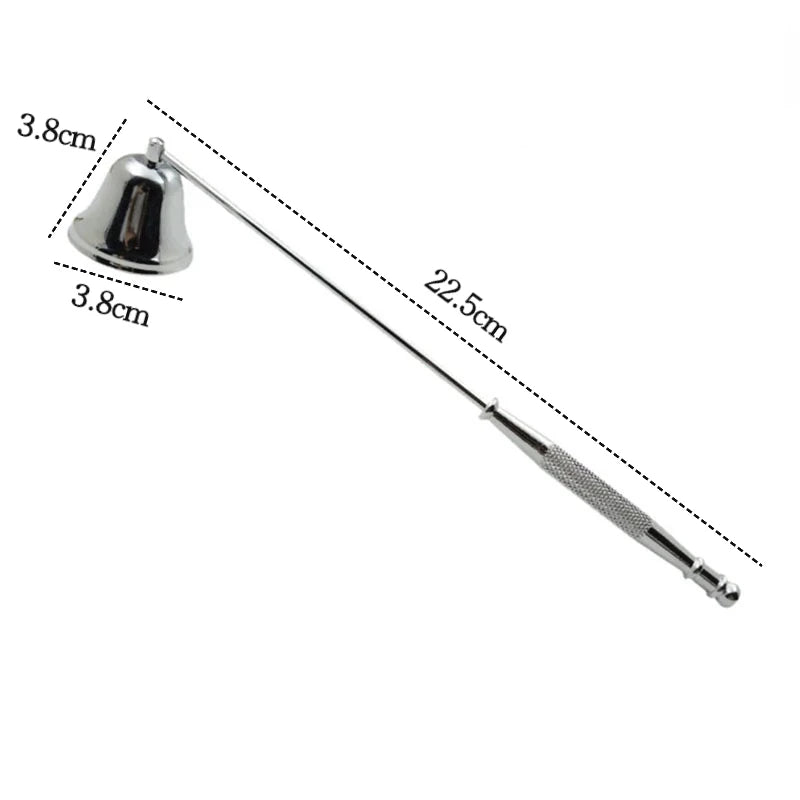 Stainless steel candle extinguisher tool with a bell-shaped head and long shaft.