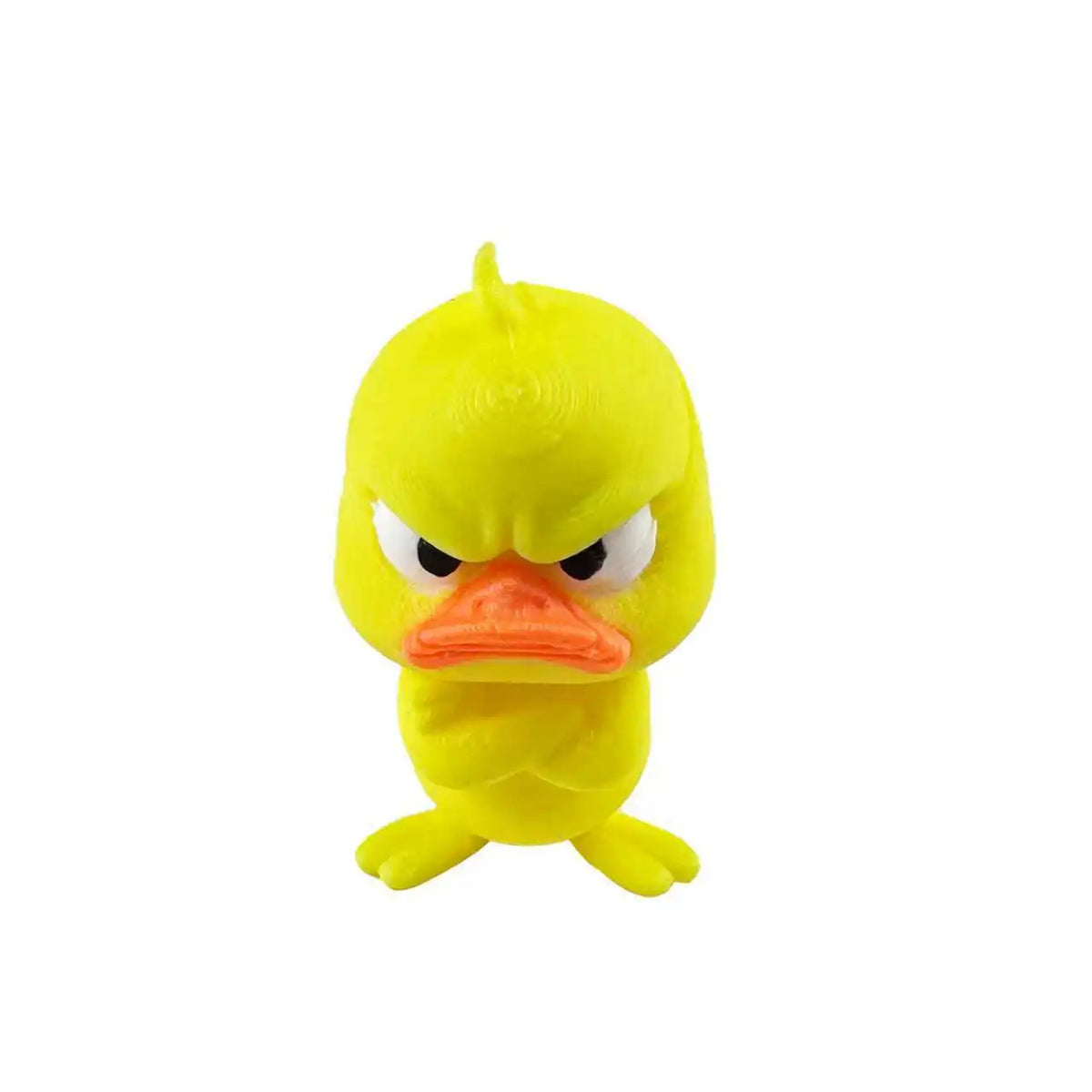 A yellow 3D printed figurine of an angry duck with glaring eyes and orange beak.