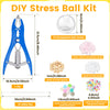 DIY stress ball kit showing tools and various beads including transparent, pink, clear, and multicolored options