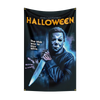A dark poster featuring a menacing figure with a mask and a knife, promoting John Carpenter's Halloween movie.