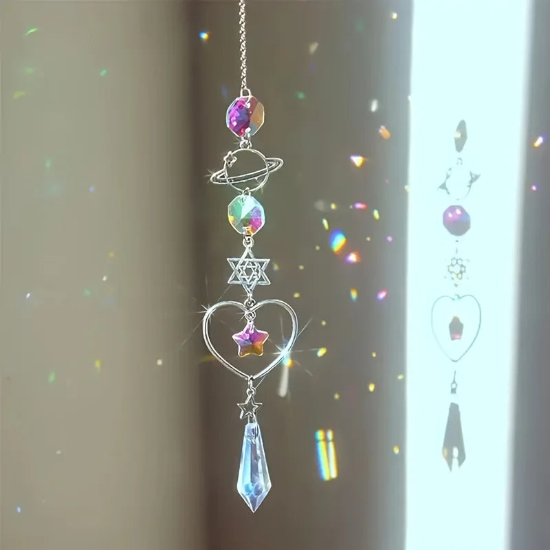 A silver crystal moon and sun wind chime decor set featuring various colored crystals and charms hanging from a chain.