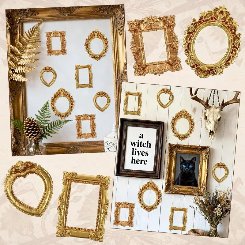 A collection of vintage gold mini picture frames, including various sizes and ornate frames, displayed on a light background.