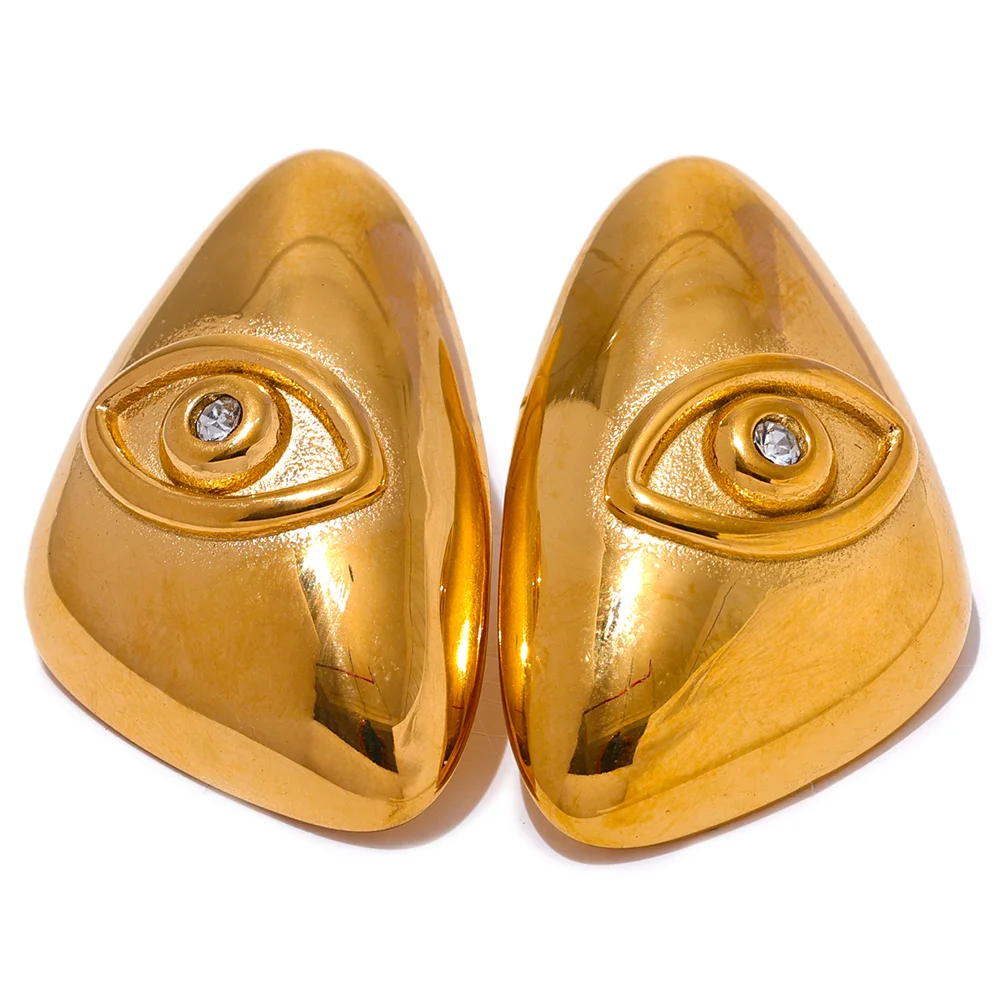 Pair of gold-colored geometric stud earrings shaped like an eye.