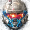 A stylized depiction of the Halo Master Chief helmet with glowing blue energy beams and a fiery orange visor.