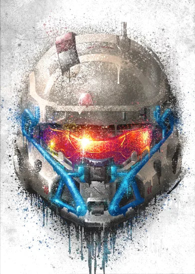 A stylized depiction of the Halo Master Chief helmet with glowing blue energy beams and a fiery orange visor.