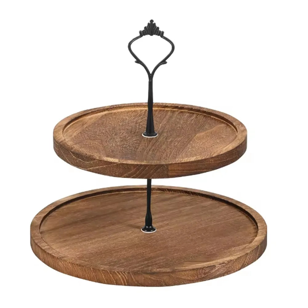 A wooden 3-tier cupcake stand with two circular layers and a black decorative stand.