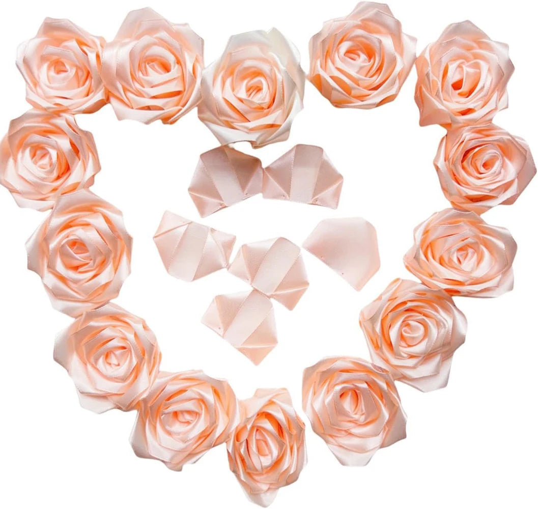 A heart shape made of light peach satin ribbon rose petals for DIY flower bouquets