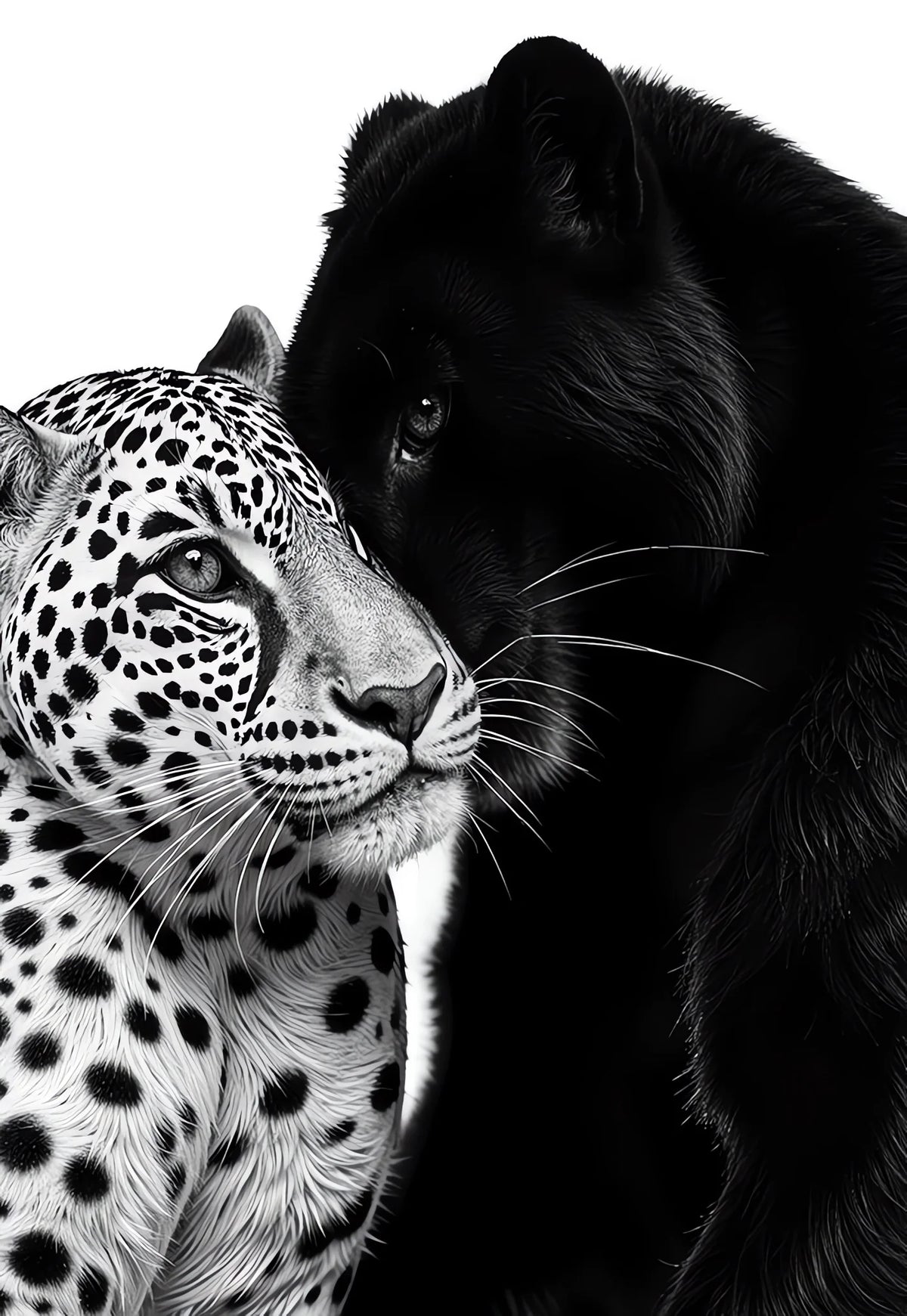 A close-up portrait of a black panther affectionately touching a white leopard.