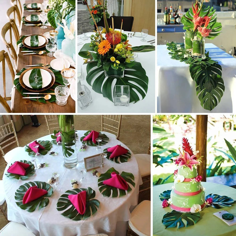 Artificial tropical palm leaves used as party decor on a white tablecloth.