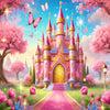 A vibrant pink princess castle with tall spires and a golden entrance, surrounded by pink cherry blossoms and butterflies.