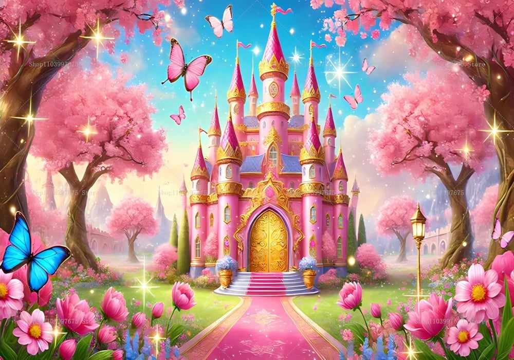 A vibrant pink princess castle with tall spires and a golden entrance, surrounded by pink cherry blossoms and butterflies.