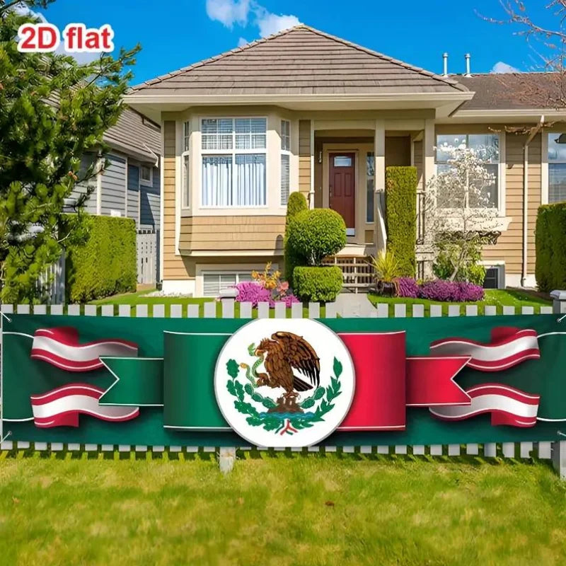 Banner mit mexikanischen Flaggenfarben und Adleremblem auf grünem Hintergrund