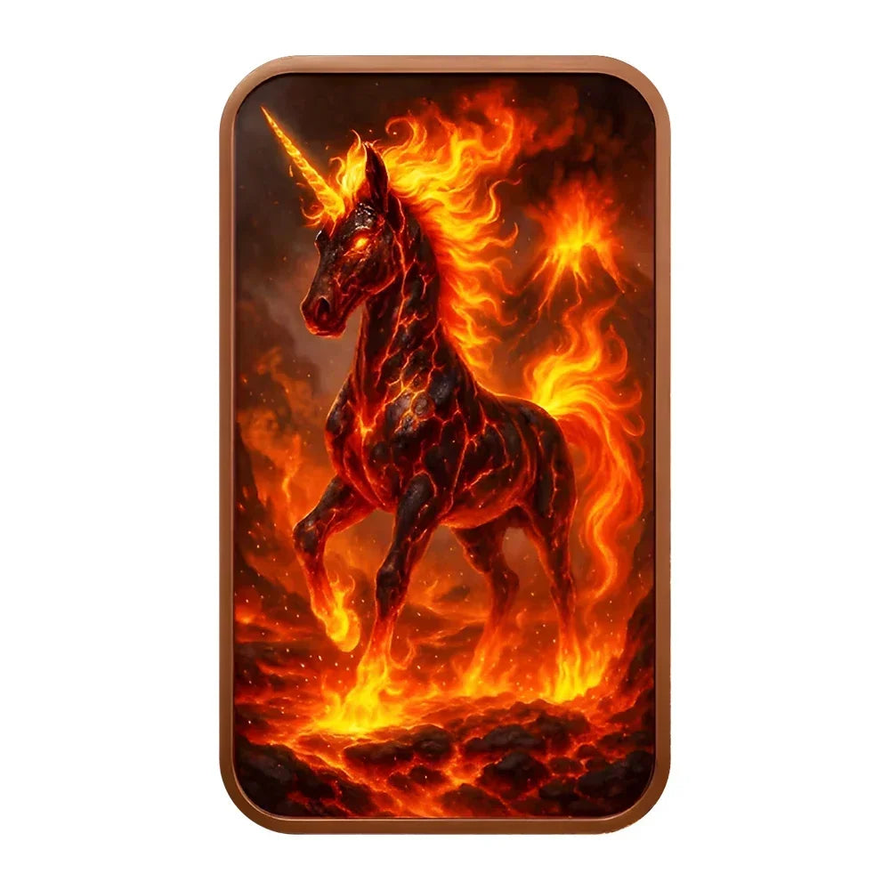A dramatic illustration of a fiery orange and red horse with a glowing mane, set against an intense background.