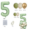 A set of vintage green and gold foil balloons shaped like the number 5 for birthday decoration.