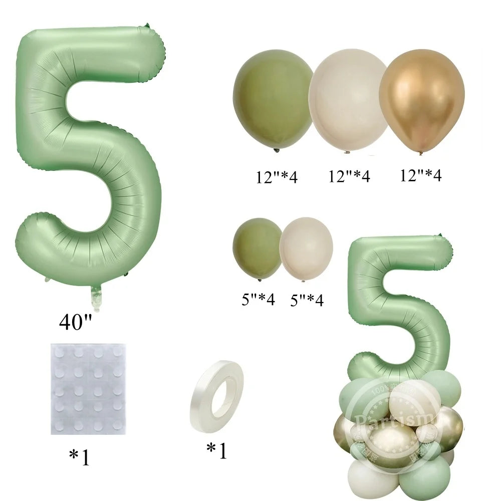A set of vintage green and gold foil balloons shaped like the number 5 for birthday decoration.