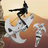 A heavy duty stainless steel gravity hook multi-tool is shown with a person performing a dynamic move against an orange backg