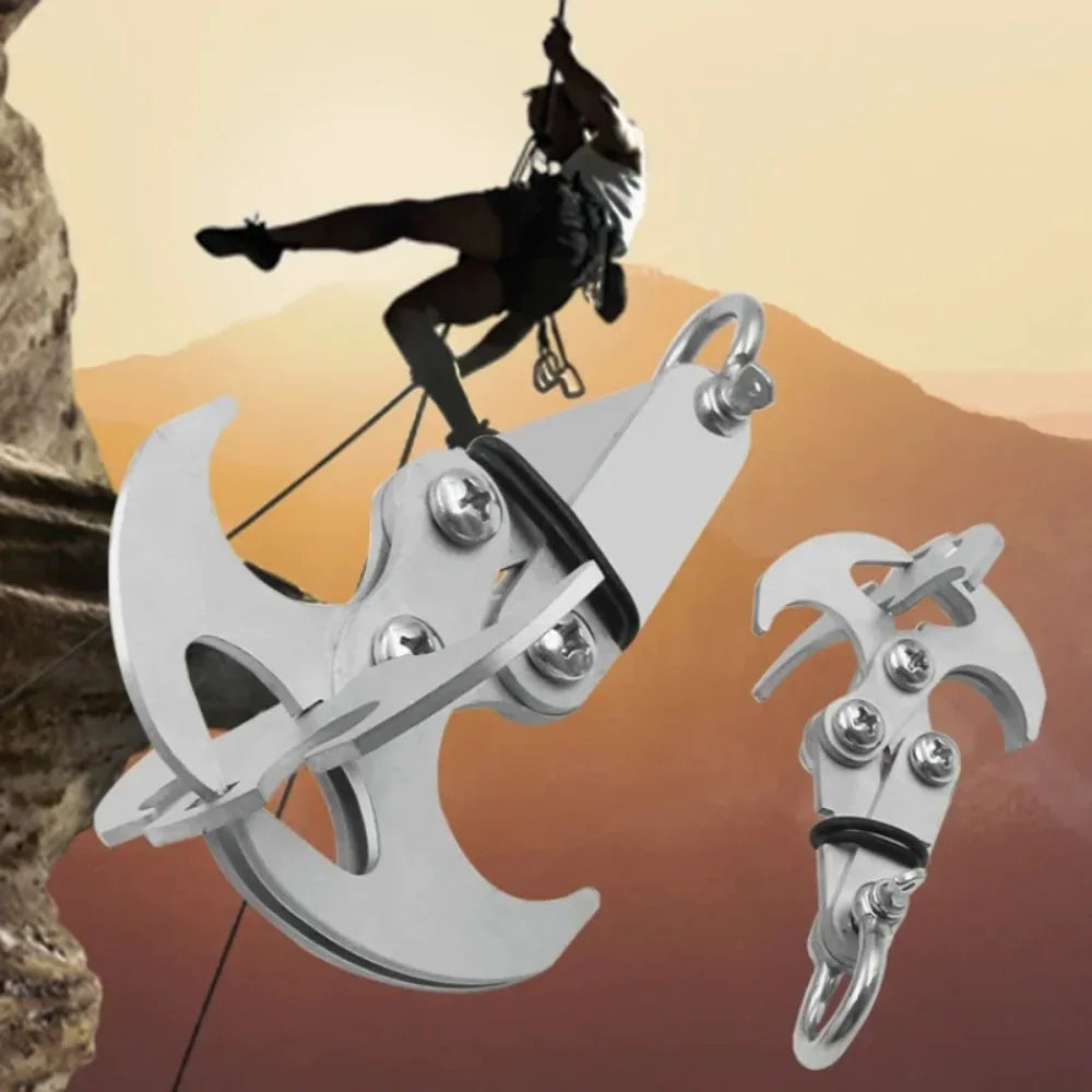 A heavy duty stainless steel gravity hook multi-tool is shown with a person performing a dynamic move against an orange backg