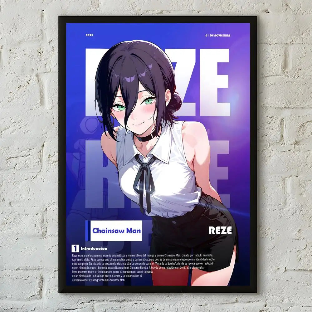 Anime poster of Reze from Chainsaw Man featuring dark hair and a white shirt