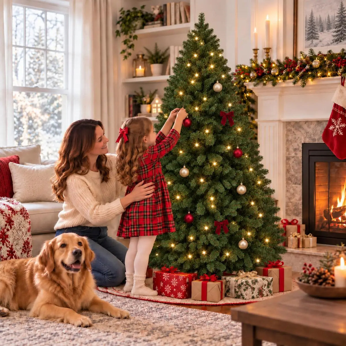 A girl and woman decorate a lit Fraser Fir artificial Christmas tree in a cozy living room setting.